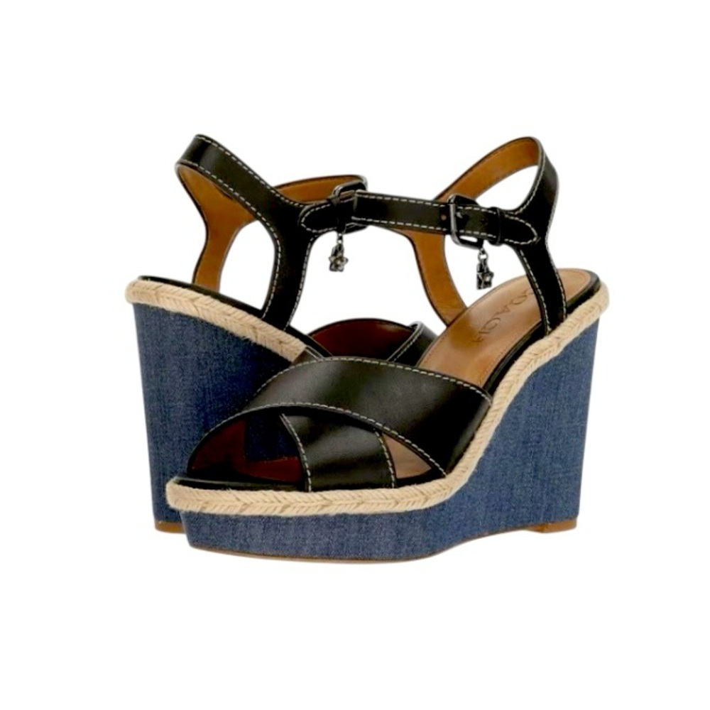NEW💕 COACH EATON Black leather denim wedge sandals women’s size 9.5